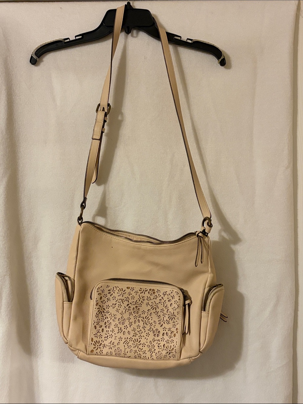 Beige Women's Shoulder Bag with Floral Laser-Cut Pocket